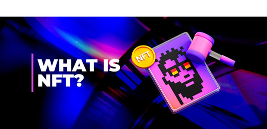 An image with purple and blue background and on top a text that reads what is nft and beside a small NFT element for representation