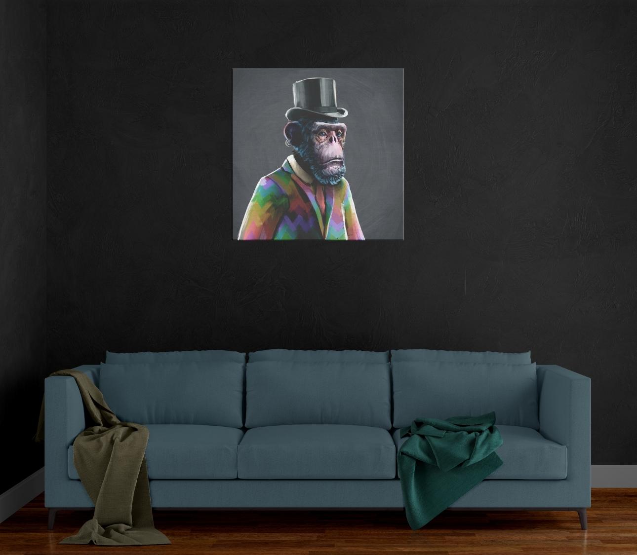 Image of a custom NFT canvas print hanging on the wall behind a couch